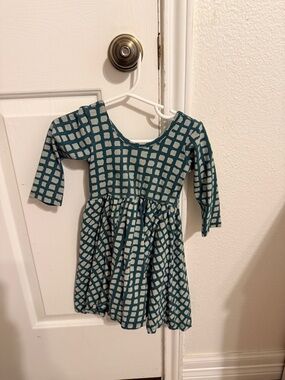 Girls Teal and Cream Grid-Print Long Sleeve Casual Dress